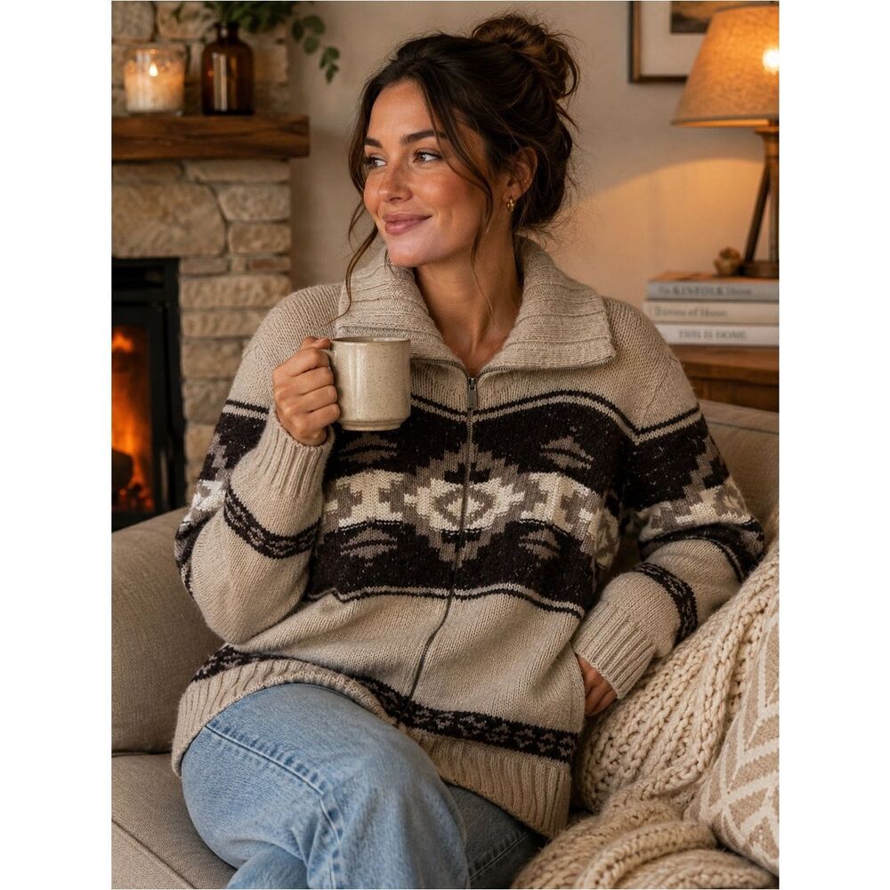 Ralph Lauren Beigee Zip-Up Wool/Cashmere Sweater/Cardigan M EUC Western Classic